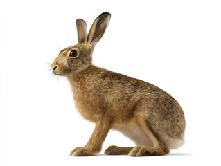 Obraz premium Brown rabbit with long ears and soft fur, sitting gracefully on a white background, showcasing its natural beauty and charm in a serene pose