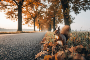 Cute red squirrel foraging on the ground beside an autumn road.