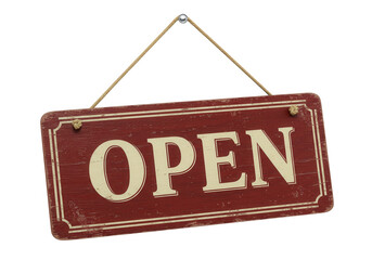 Hanging open sign with rope and rustic look isolated on transparent background