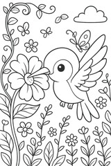 Obraz premium Cute hummingbird feeding nectar from flower in garden vector illustration