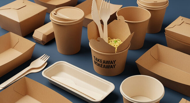 Brown cardboard takeaway containers, cups, and wooden cutlery arranged on a dark-blue background, showcasing eco-friendly food packaging options for restaurants or delivery services