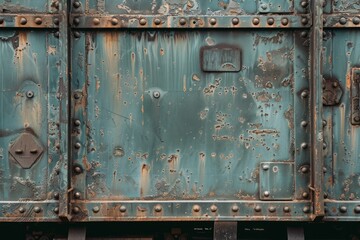 Photo of Side view of rust metal wall of railway wagon side part. Background texture for backdrops or mapping