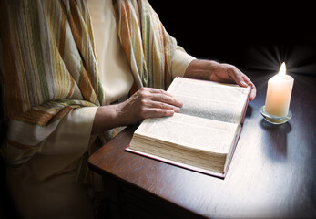 Closeup past elder age cathol church school big new testament gospel page israel judaism law symbol...