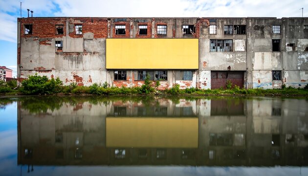 Derelict industrial building with a blank yellow sign