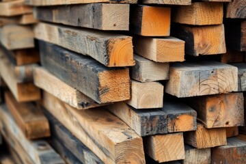 Stacked timber planks in warm lighting and soft focus. AI generated