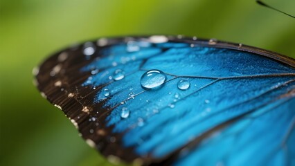 Close-up of a Blue Morpho Butterfly Wing with Water Droplets
