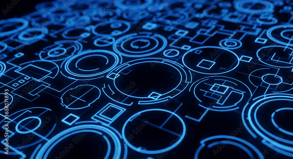 Aufkleber abstract blue glowing circles and squares on dark background, creating a futuristic technological de