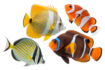Colorful tropical fish such as clownfish, angelfish, and butterflyfish are isolated on a transparent background. Design illustration.