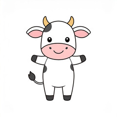a cartoon representation of a cow with a friendly expression and a yellow horn. it stands upright against a white background.