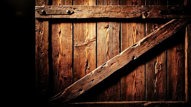 Old wooden barn door with rustic metal hinges