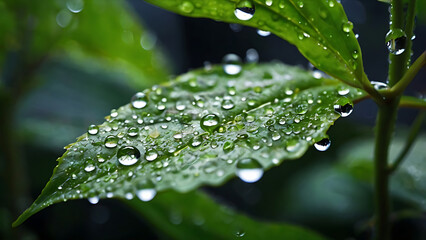 Fresh Green Leaves with Water Droplets: Nature’s Pure Beauty Captured in Detail, Featuring Glistening Surfaces, Organic Texture, and Dewy Elegance for Botanical Enthusiasts, 4K image 