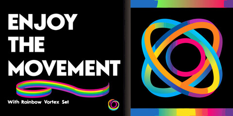Enjoy the Movement Text with Rainbow Orbit and Ribbons on Black typography © Ramanath