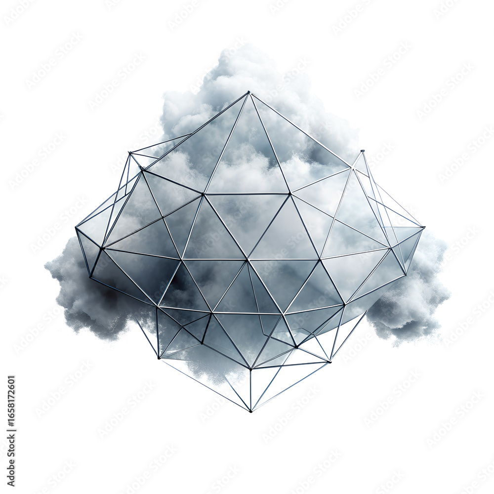 Poster geometric crystal wireframe structure emerging from abstract cloud isolated on transparent backgroun