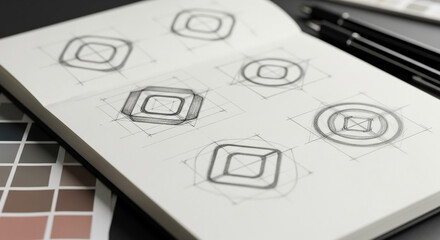 Sketchbook showcasing geometric logo designs, pencil drawings on white paper, representing creativity, branding, and design process, ideal for business or marketing concepts