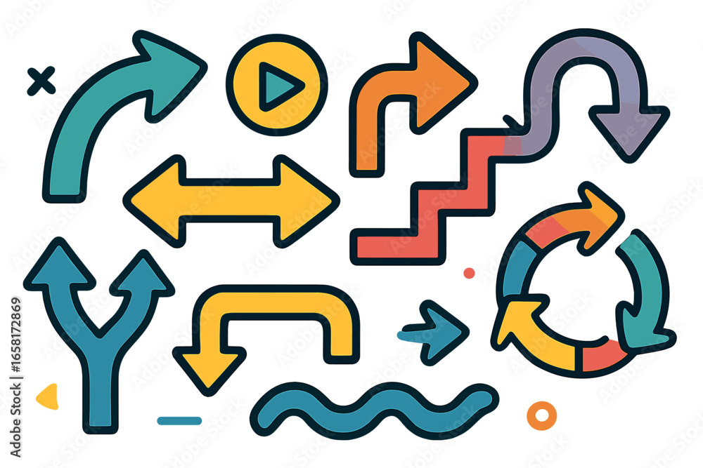 Poster vector set of colorful arrows. abstract shapes representing direction, choices, and process. modern 