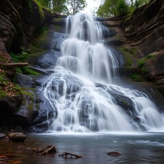 Obraz premium A beautiful, wide waterfall cascading over rocky cliffs, creating a silky smooth effect from the long exposure