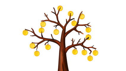 Golden coins hanging from bare tree branches money finance