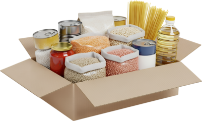 Cardboard box filled with canned goods bags of dried legumes pasta tomato sauce and cooking oil food transparent background