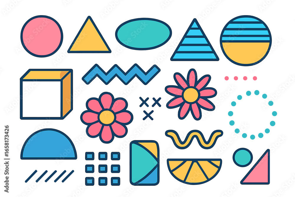 Poster colorful abstract geometric shapes collection. memphis style 80s 90s retro design elements. modern t