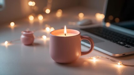 Pink candle mug glowing on desk with laptop fairy lights and small jar creating cozy warm atmosphere for relaxation and home workspace - Powered by Adobe