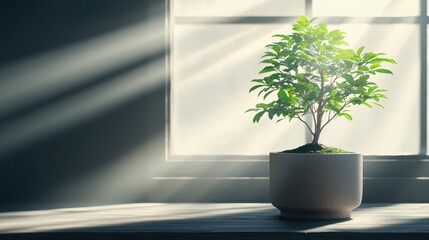 International Horticulture Exposition Concept. Sunlight Streaming Through Window on Potted Plant Creating a Serene Indoor Atmosphere