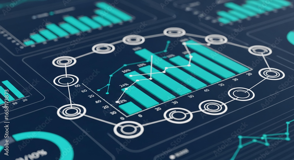 Aufkleber teal bar and line graphs on dark background, showcasing data analysis and business growth visualizat