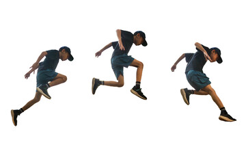 Creative sequence of a young boy in sportswear jumping in motion isolated on white background
