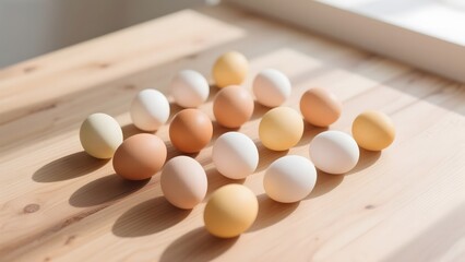 Assorted eggs of various colors arranged on a wooden surface, illuminated by natural light.