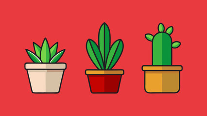 Three Potted Plants Illustration. three different cartoon-style plants in different colored pots against a soft red   background vector illustration.