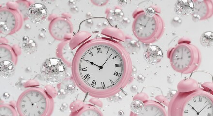 Numerous vintage style pink alarm clocks scattered and floating with shiny silver spheres against a white background