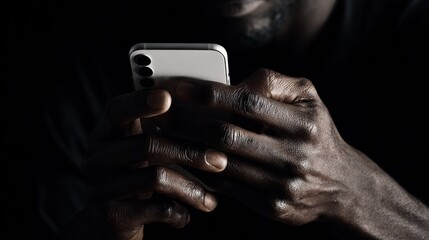 Close-up of dark-skinned hands holding smartphone, modern technology usage, mobile device in hands, digital communication, smartphone in hand, technology in daily life, isolated on black background