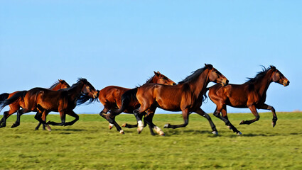 Majestic horses galloping across a vibrant green field under a clear blue sky running