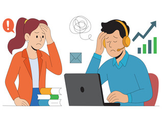 Office Stress Illustration Overworked Employees with Laptop and Communication Overload. Workplace Anxiety Vector Business Woman and Man Stressed with Work Pressure.