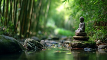 Serene buddha statue amidst lush bamboo grove. AI image