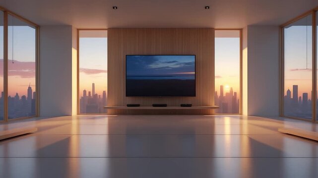 Modern minimalist living room interior with large flat screen television wooden wall panel and panoramic city view at colorful sunset