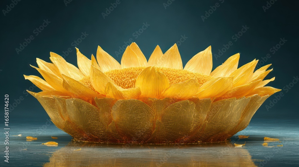 Poster a large, golden sunflower sits on a reflective surface against a dark background, illuminated to emp