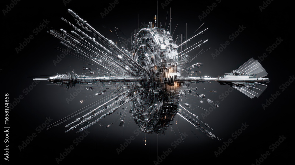 Poster a metallic, orb-like object pierced by a sharp, arrow-like projectile, surrounded by radiating fragm