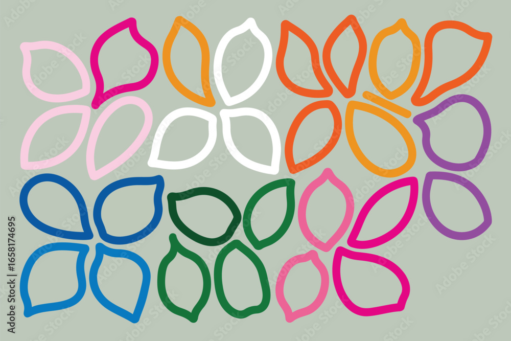 Aufkleber colorful flower outlines arranged in a grid pattern on a light gray background with simple shapes