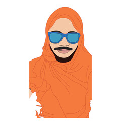 Flat Vector Portrait Illustration Man in stall with Sunglasses and Beard. Modern Cartoon Avatar Vector Character in Orange Scarf and Blue Glasses.