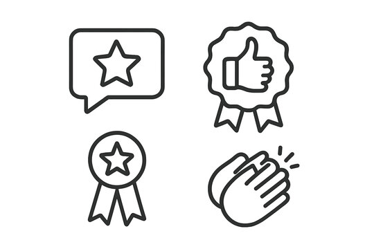 Feedback and recognition line icon set. Customer review, satisfaction rating, and quality control symbols. Thumbs up, award medal, star in speech bubble, and applause. - Powered by Adobe