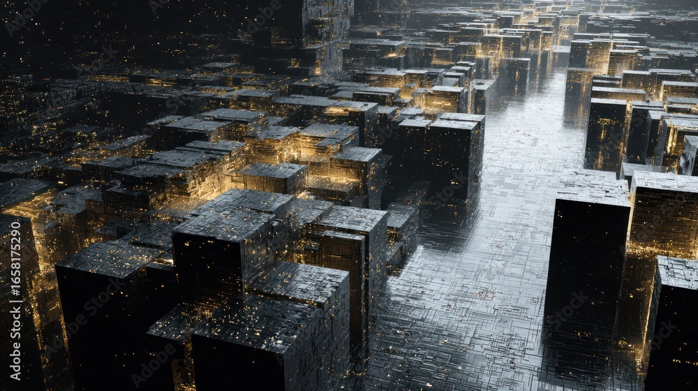 Poster a sprawling cityscape rendered as a grid of dark, cubic structures, internally illuminated with warm