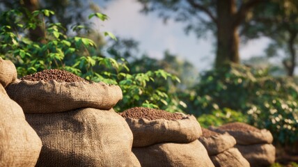 Coffee bean sacks in lush forest setting. AI image