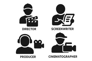 Filmmaker crew roles solid icon set. Director, producer, screenwriter, cinematographer pictograms. Movie making, cinema industry, and video production job & profession symbols.