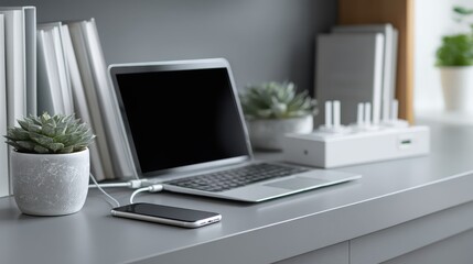 Obraz premium Modern Tech Desk with Laptop and Smartphone – Photorealistic Workspace Concept