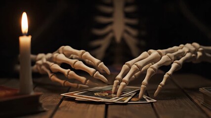 Skeleton Hands Reading Mystical Tarot Cards by Candlelight on Wooden Table. Halloween Occult Divination, Dark Ritual, Fortune Telling, Spooky Atmosphere.