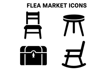 Flea market furniture icon set. Solid filled icons of vintage finds, wooden chair, side table, old trunk, rocking chair. Retro second hand store symbols. Antique vector.