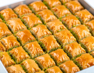 Delicious Baklava Pastries with Pistachios in Tray, Close-Up View