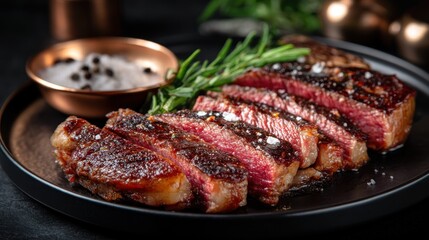 Sliced steak with rosemary and salt