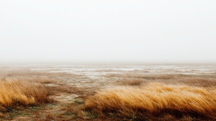 A misty, expansive landscape featuring muted browns and golds of dried grasses in the foreground, leading to a flat, foggy expanse