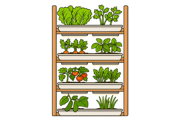 Indoor vertical garden for growing fresh vegetables and herbs. Home farming system with shelves and grow lights. Concept for urban agriculture, hydroponics, healthy organic food.
